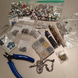 Jewelry Making Supplies Lot w/ Glass Beads, Chains, Mighty Crimper & More